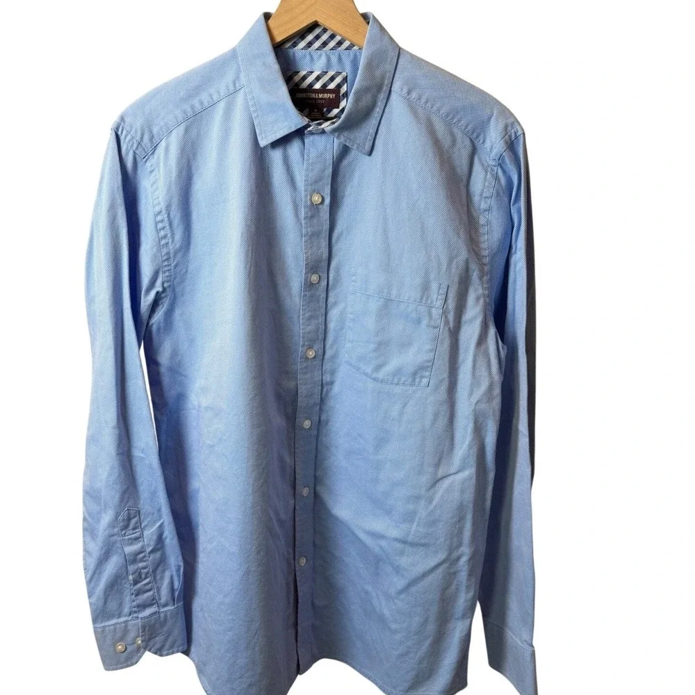 Johnston & Murphy Mens Medium Blue Micro Pattern Cotton Long Sleeve Button Shirt